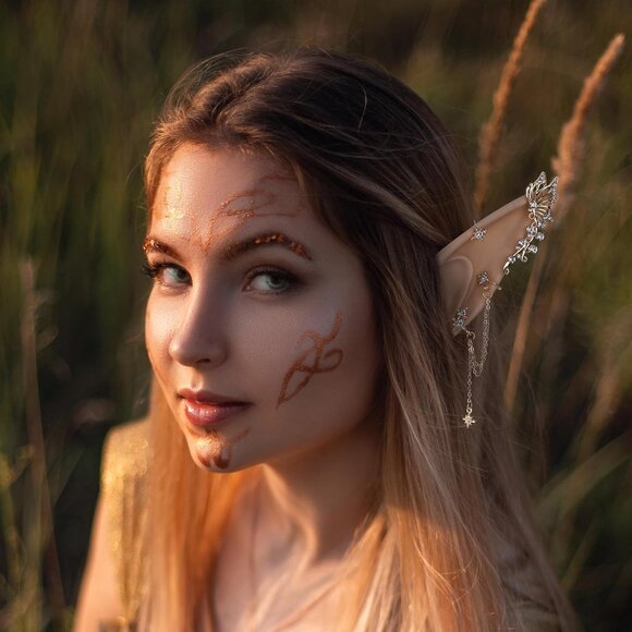 Fairy Elf Ears with Piercings Handmade Butterfly Gold Cuffs Cosplay Accessories - Picture 2 of 6